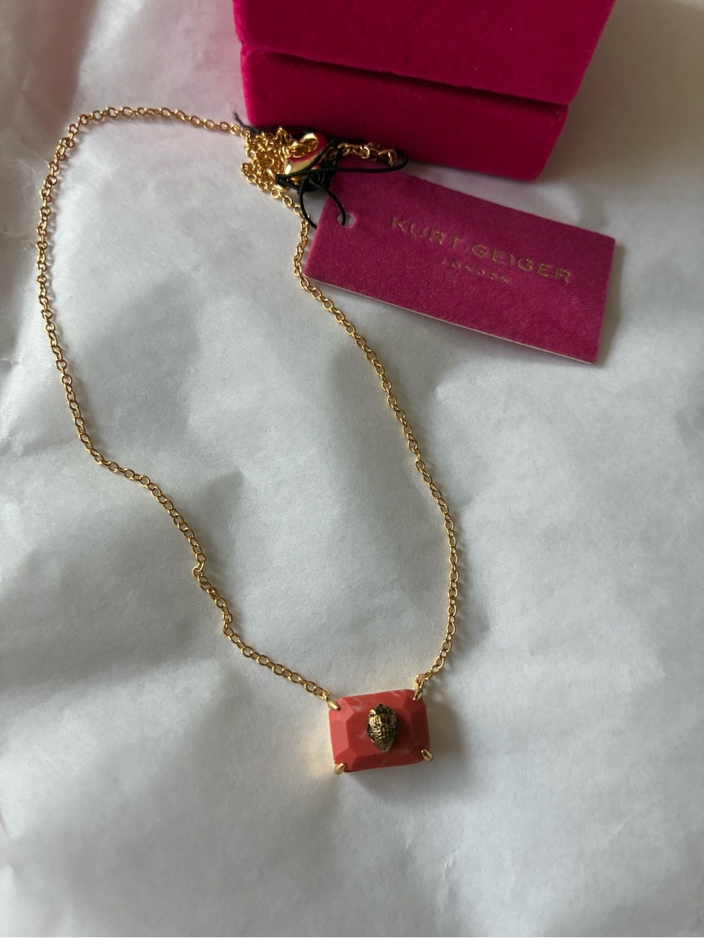 Kurt Geiger Coral Faceted Stone Pendant with Gold Chain
